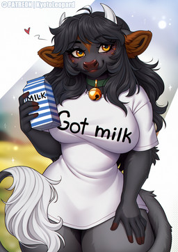 anthro biped bottomless bottomless_anthro bottomless_female breasts clothed clothed_anthro clothed_female clothing countershade_torso countershading female fingers front_view fur hair horn looking_at_viewer partially_clothed partially_clothed_anthro partially_clothed_female smile solo standing tail kyotoleopard got_milk? bovid bovine cattle mammal 2026 absurd_res digital_drawing_(artwork) digital_media_(artwork) hi_res meme