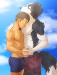 anthro blush bottomwear bulge butt chest_tuft clothing duo floppy_ears fluffy fluffy_tail fur hand_holding hug interspecies intimate kemono male male/male multicolored_body multicolored_fur shirtless shorts tail tuft two_tone_body two_tone_fur underwear hanpei_tor torte border_collie canid canine canis collie domestic_dog herding_dog human mammal pastoral_dog sheepdog hi_res