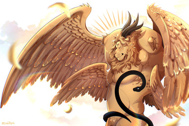 4_horns 4_wings 5_eyes anthro biceps black_horn blonde_mane feathered_wings feathers fur hands_behind_head horn light living_tail loose_feather male male_anthro mane multi_eye multi_horn multi_wing muscular muscular_anthro muscular_male nude nude_anthro nude_male one_eye_closed pecs pubes pupils rainbow slit_pupils smile snake_tail snout solo spread_wings sunlight tail unusual_anatomy unusual_tail wings yellow_body yellow_ears yellow_eyes yellow_fur yellow_nose drawreshi delicious_in_dungeon winged_lion_(delicious_in_dungeon) demon felid lion mammal pantherine reptile scalie snake 2024 absurd_res hi_res signature