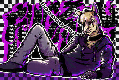 anthro biped chain checkered checkered_background clothed clothing collar eyewear fully_clothed glasses gloves graffiti handwear hoodie lying male male_anthro pattern_background reclining simple_background solo text topwear jameslewis g_jamez alpaca camelid mammal english_text hi_res