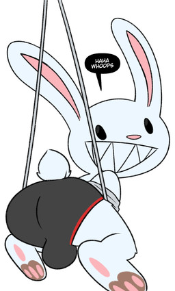 clothing dot_eyes fur looking_at_viewer looking_back rabbit_ears rear_view sharp_teeth simple_background simple_eyes suspension teeth underwear white_background white_body white_fur crushpepper sam_and_max max_(sam_and_max) lagomorph leporid mammal rabbit hi_res tagme