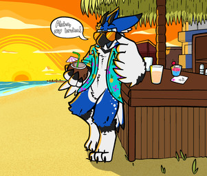 3_toes aloha_shirt anthro beach beak beverage black_claws blue_body blue_eyes blue_fur blue_mouth cherry claws clothing coconut drupe_(fruit) eyewear feathers featureless_crotch feet food fruit fur glass glasses gloves_(marking) horn leg_markings looking_at_viewer male markings napkin naughty_face open_mouth outside pattern_clothing pattern_shirt pattern_topwear plant sea seaside shirt socks_(marking) solo spots sun tail tail_feathers text toes topwear water trout_(artist) mythology idem_(character) avian gryphon mythological_avian mythological_creature 2023 english_text hi_res signature