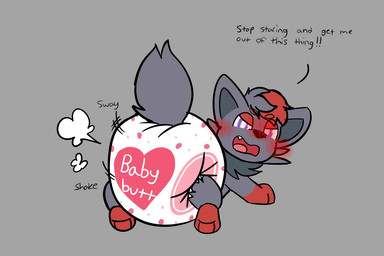 ambiguous_gender angry black_nose blush blush_lines butt clean_diaper clothed clothing complaining cute_fangs dialogue diaper diaper_only diaper_puff fangs feral frustrated fur gloves_(marking) grey_background grey_body grey_fur grey_tail heart_clothing heart_diaper heart_symbol heart_underwear looking_at_viewer looking_back looking_back_at_viewer lying markings multicolored_body multicolored_fur open_mouth purple_eyes rear_view red_body red_fur shaking_butt simple_background solo sploot tail talking_to_viewer teeth text topless underwear wearing_diaper moon_is_baby nintendo pokemon varlet_(remiya) generation_5_pokemon pokemon_(species) zorua 2024 3:2 english_text full-length_portrait portrait