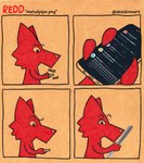 ambiguous_gender anthro cardboard electronics looking_at_object looking_at_phone looking_at_viewer looking_down metal_pipe phone questioning_look scrolling simple_eyes simple_face solo deedoss twitter redd_(deedoss) canid canine canis fox mammal wolf comic hi_res meme