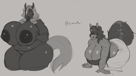 anthro bent_over big_breasts bottomwear bra breasts clothing curvy_figure duo female hair hair_over_eyes holding_breast huge_breasts huge_thighs nipples nude nude_female overweight overweight_anthro overweight_female pants tail thick_thighs topwear tube_top underwear voluptuous_anthro voluptuous_female jezzlen equid equine horse mammal hi_res monochrome