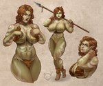 6:5 big_breasts bottomwear breasts broad_shoulders brown_hair catcaterpillar clothing collaboration female genitals hair hi_res holding_melee_weapon holding_object holding_polearm holding_spear holding_weapon humanoid loincloth melee_weapon muscular muscular_female not_furry orc polearm pussy solo spear wahafagart weapon weapon_on_shoulder
