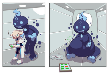 belly bodily_fluids burping burping_up_object drooling exclamation_point eyewear fully_inside glasses question_mark saliva tablet vore funnyfeline puyo_puyo puyo_puyo_7 puyo_puyo_tetris sega ai_(puyo_puyo) ecolo_(puyo_puyo) alien alien_humanoid canid canine canis chihuahua domestic_dog humanoid mammal toy_dog unknown_species comic digital_media_(artwork) hi_res