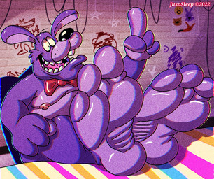 3_toes 4_fingers anthro areola bow_tie bow_tie_only feet fingers foot_fetish foot_focus foot_on_table fur furniture gesture hand_gesture humanoid_feet male moobs mostly_nude nipples open_mouth open_smile overweight overweight_anthro overweight_male plantigrade pointing pointing_up purple_body purple_fur smile soles solo table teeth toes tongue jusosleep five_nights_at_freddy's scottgames bonnie_(fnaf) lagomorph leporid mammal rabbit 2022 digital_media_(artwork)