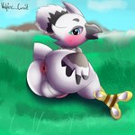 anthro anus aroused backsack balls beak big_butt blue_eyes blush butt feathers feet genitals grass hill looking_at_viewer male nature outside penis plant pose presenting presenting_anus presenting_hindquarters relaxing sitting smile solo spread_butt spreading talons toes white_body white_feathers young young_anthro vulpine_corvid breath_of_the_wild nintendo tears_of_the_kingdom the_legend_of_zelda tulin_(tloz) avian bird rito 1:1 absurd_res hi_res shaded