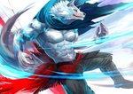 abs anthro biceps clothing fur male muscular muscular_anthro muscular_male pecs scarf shirtless solo white_body sky_gomi canid canine canis mammal wolf digital_media_(artwork)