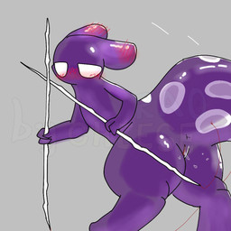 blush bodily_fluids female feral genital_fluids genitals purple_body simple_background solo vaginal_fluids vulva weapon wet white_eyes cheese_rao rain_world videocult spearmaster_(rain_world) slugcat