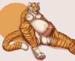 anthro balls belly big_balls bodily_fluids cum cum_on_penis erection fur genital_fluids genitals looking_at_viewer male nude overweight overweight_anthro overweight_male penis slightly_chubby solo white_balls mintyderg felid mammal pantherine tiger hi_res