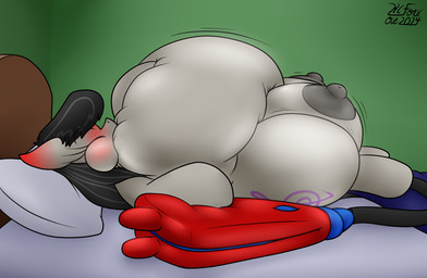 anthro areola bed bellows big_teats blush crotch_breasts cutie_mark ear_blush female female_feral feral furniture grey_areola grey_nipples hose hose_inflation huge_teats inflated_belly inflating inflation nipples pillow puffed_cheeks solo teats the-furry-railfan friendship_is_magic hasbro my_little_pony octavia_(mlp) equid equine horse mammal pony 2024 hi_res