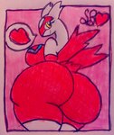 anthro anthrofied big_butt biped border breast_markings breasts butt eyelashes female head_markings heart_symbol looking_back markings medium_breasts pokemorph pose rear_view red_body simple_background smile solo white_body wings yellow_eyes sylvieboy nintendo pokemon generation_3_pokemon latias legendary_pokemon pokemon_(species) 2024 colored crayon_(artwork) hi_res pinup signature traditional_media_(artwork) watermark