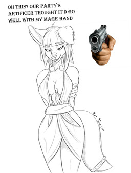 anthro clothed clothing dagger female gun handgun holding_gun holding_object holding_ranged_weapon holding_weapon looking_at_viewer melee_weapon ranged_weapon simple_background smile solo standing text weapon matt_the_rain dungeons_and_dragons hasbro wizards_of_the_coast skalda bird_dog canid canine canis domestic_dog hunting_dog labrador mammal retriever absurd_res english_text hi_res