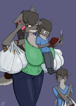 5_fingers amber_eyes anthro big_breasts bite bottomwear bread breasts brown_eyes clothed clothing denim denim_bottomwear denim_clothing digit_ring ear_piercing ear_ring eye_bags female fingers food fully_clothed grocery_bag group hair jeans jewelry key lifted_by_scruff male messy_hair neck_tuft on_phone pants piercing ring ring_piercing scruff_bite shirt sitting_on_breasts t-shirt tank_top topwear trio tuft wedding_ring young young_male xvii_(artist) nintendo nintendo_ds nintendo_ds_family canid canine canis mammal wolf hi_res mother_(lore) mother_and_child_(lore) mother_and_son_(lore) parent_(lore) parent_and_child_(lore) parent_and_son_(lore) son_(lore)
