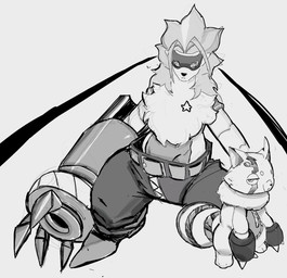 ambiguous_gender anthro arm_cannon belt boots bottomwear chest_tuft clothed clothing cybernetic_arm cybernetic_limb duo female footwear fur hair mask mechanical_arm mechanical_arms pants shoes simple_background size_difference standing star topless tuft wearing_mask white_background zipper maelys bandai_namco digimon digimon_beatbreak digimon_(species) pristimon wolvermon 2025 digital_media_(artwork) hi_res