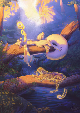 ambiguous_gender anthro big_tail brown_markings clothed clothing day detailed_background duo eyes_closed female feral fur grass lying magic_user markings on_back on_front outside pink_eyes plant side_view tail toony tree waterfall white_body white_fur yellow_body yellow_fur azuza canid canine felid fennec_fox fox mammal true_fox detailed hi_res
