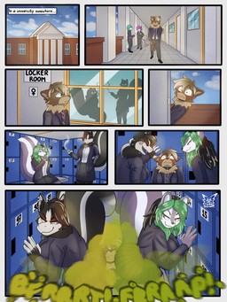anthro between_butts blush bottomwear bullying clothing dominant dominant_female fart fart_bukkake fart_bullying fart_cloud fart_fetish female female_farting green_fart_cloud group larger_female locker_room male nervous school school_uniform size_difference skirt smelly smoking sound_effects submissive submissive_male trio uniform sharkskunk mammal mephitid skunk comic hi_res