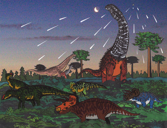 ambiguous_gender beak bone_frill brown_body brown_scales duo facial_horn feral frill_(anatomy) green_body green_scales group horn meteor meteor_shower moon morning nose_horn outside plant quadruped scales size_difference spikes spikes_(anatomy) tree trio isaiahctorre alamosaurus ceratopsian dinosaur hadrosaurid kritosaurus macronarian marginocephalian ojoceratops ornithischian ornithopod prehistoric_species reptile saltasaurid saurischian sauropod sauropodomorph scalie titanosaurian absurd_res hi_res