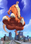 anthro building city cityscape digitigrade landscape_dwarfing looming macro male paws solo stomping tail vehicle blockman3_(artist) mythology vamux dragon mythological_creature mythological_scalie scalie drake_(disambiguation) absurd_res hi_res