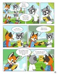 anthro bottomwear cheek_tuft clothed clothing detailed_background dialogue dipstick_tail duo eyewear facial_tuft feet_together footwear fully_clothed gloves_(marking) male markings speech_bubble tail tail_markings text tuft pandapaco art_(pandapaco) biro_(pandapaco) canid canine fox mammal procyonid raccoon comic english_text hi_res