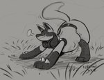 abdominal_bulge ambiguous_gender anthro ass_up breath grass looking_forward mouth_closed narrowed_eyes outside plant raised_tail tail thick_thighs vore raster_dreams nintendo pokemon generation_4_pokemon lucario pokemon_(species) 2022 hi_res monochrome signature