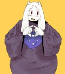 2_horns anthro belly clothed clothed_anthro clothed_female clothing dress eyelashes female female_anthro fingers fingers_together floppy_ears horn lop_ears mature_anthro mature_female navel_outline open_mouth purple_clothing purple_dress simple_background solo white_body white_ears white_horn yellow_background spinarooz undertale_(series) toriel boss_monster_(undertale) bovid caprine goat mammal 2025 digital_drawing_(artwork) digital_media_(artwork) half-length_portrait portrait