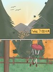 autumn fence forest grass leaf light morning mountain nature onomatopoeia outside plant scenery sound_effects sunlight sunrise text tree wind wind_chime wood zero_pictured lerasmel ambient_bird comic digital_media_(artwork) hi_res