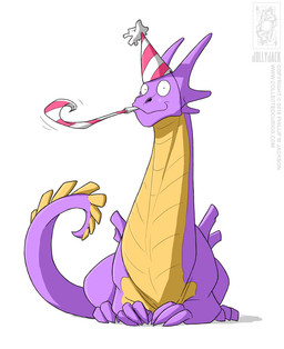 ambiguous_gender claws clothing feral hat headgear headwear horn multicolored_body multicolored_scales party_hat party_horn purple_body purple_scales scales simple_background smile solo tail two_tone_body two_tone_scales ventral_scales white_background yellow_body yellow_scales conditional_dnp jollyjack mythology dragon mythological_creature mythological_scalie scalie 2015