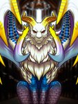 big_horn female feral fur horn looking_at_viewer multiple_colors raised_wings red_eyes scaled_legs scales sitting solo spread_wings text white_body white_fur wings dead.akira capcom european_mythology monster_hunter monster_hunter_stories mythology nintendo dragon flying_wyvern furred_dragon furred_scalie mythological_creature mythological_scalie scalie versa_pietru western_dragon wyvern absurd_res digital_media_(artwork) hi_res url