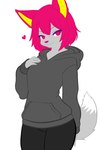 anthro black_bottomwear black_clothing black_pants black_sweatpants bottomwear breasts clothing female fur grey_body grey_clothing grey_fur grey_hoodie grey_topwear hair hand_on_breast hand_on_own_breast heart_symbol hoodie markings pants pink_hair pink_nose simple_background smug solo sweatpants tail tail_markings topwear white_background white_body white_fur yellow_ear_fluff thekitsuyt gure_(thekitsuyt) canid canine fox mammal 2:3 hi_res