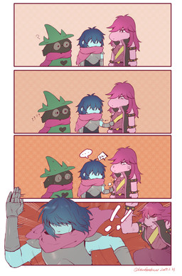 anthro blush clothed clothing eyewear female fur glasses group hair hat headgear headwear humor male scarf simple_background kosafordraw deltarune undertale_(series) kris_dreemurr ralsei susie_(deltarune) bovid caprine darkner goat human mammal reptile scalie 2019 absurd_res digital_media_(artwork) hi_res