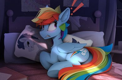 bed bedroom bite biting_lip biting_own_lip blush bodily_fluids body_pillow book butt caught_in_the_act clenched_teeth clothing cutie_mark discarded_clothing dust embarrassed exclamation_point eye_through_hair feathered_wings feathers female feral folded_wings furniture hair hooves inside lacrimal_caruncle looking_back lying male male/female multicolored_hair multicolored_tail on_bed on_side paper particles pillow pink_eyes poster_(object) rainbow_hair rainbow_tail self_bite shadow solo surprised sweat sweatdrop tail teeth translucent translucent_hair underhoof wings yakovlev-vad friendship_is_magic hasbro my_little_pony mythology rainbow_dash_(mlp) soarin_(mlp) wonderbolts_(mlp) equid equine horse mammal mythological_creature mythological_equine pegasus pony 2022 digital_media_(artwork) digital_painting_(artwork) hi_res painting_(artwork)