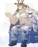 abs anthro antlers beard biceps boots bottomwear box brown_body brown_fur brown_hair camo camo_bottomwear camo_clothing camo_jacket camo_pants camo_print chest_scar clothing container dog_tags facial_hair footwear fur hair hand_out horn jacket_on_shoulders male military muscular muscular_anthro muscular_male neck_tuft obliques pants pattern_bottomwear pattern_clothing pattern_pants pecs scar shirtless shoes sitting_on_container smile snow soldier soldier_uniform solo tuft warrior jaguk9481 december_twilight owen_brayden deer mammal new_world_deer reindeer 2023 absurd_res hi_res