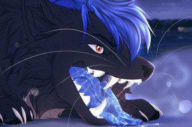 ambiguous_gender black_body black_fur black_inner_ear black_nose blue_hair blue_tongue bodily_fluids cheek_tuft claws cloud facial_tuft fangs feral fluffy fur hair inner_ear_fluff neck_tuft night open_mouth orange_eyes plant river saliva saliva_on_ground saliva_on_tongue saliva_string sand sky solo teetch teeth tongue tongue_out tree tuft water whiskers white_body white_claws white_fur shyryp domestic_cat felid feline felis mammal absurd_res digital_media_(artwork) hi_res