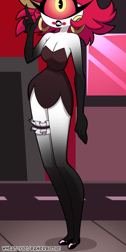 1_eye accessory bare_shoulders black_clothing black_dress black_footwear black_shoes blush blush_stickers breasts city city_background cleavage clothed clothing dress ear_piercing ear_ring eyelashes feet female flats_(shoes) footwear garter hair hoop_ear_ring long_legs outside pie_cut_eyes piercing red_hair red_sclera red_sky ring_piercing sharp_teeth shoes short_hair sky small_feet small_waist solo strapless_clothing strapless_dress teeth white_body white_skin barryfactory hazbin_hotel hellaverse niffty_(hazbin_hotel) cyclops demon humanoid 2022 absurd_res full-length_portrait hi_res portrait