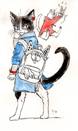 ambiguous_gender anthro backpack black_body black_fur blue_eyes bracelet claws clothed clothing duo fur group hoodie inner_ear_fluff jacket jewelry looking_at_viewer looking_back pawpads paws piercing semi-anthro simple_background smile standing sweater tail topwear tuft whiskers white_background white_body white_fur kyokyota domestic_cat felid feline felis mammal 2014 absurd_res hi_res painting_(artwork) traditional_media_(artwork) watercolor_(artwork)