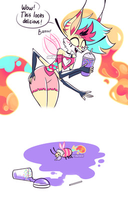 4_arms 4_fingers 4_hands antennae_(anatomy) anthro arm_tuft before_and_after beverage blue_hair bottomwear bzzz chest_tuft choker cleavage_cutout clothing container countershading cutout death dialogue drinking_straw eyelashes female feral fingers foaming_at_mouth fur goo_hair goo_tail hair hand_on_hip heart_cutout holding_beverage holding_container holding_object insect_wings jewelry legs_together long_eyelashes milkshake multi_arm multi_hand multi_limb multicolored_hair necklace pink_bottomwear pink_clothing pink_shorts pink_topwear pseudo_hair purple_liquid red_hair shorts shoulder_tuft shoulderless_topwear simple_background solo spilled_beverage striped_body stripes tail text topwear tuft unusual_anatomy unusual_hair unusual_tail white_background white_body white_countershading white_fur wide_hips wings x_eyes yellow_body yellow_fur norithelord grimace_shake hellaverse helluva_boss mcdonald's queen_bee-lzebub_(helluva_boss) arthropod bee canid canid_demon canine demon fox hymenopteran insect mammal 2023 2koma absurd_res comic english_text hi_res meme