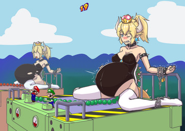 5_fingers armband belly big_belly blonde_hair blue_clothing blue_eyes blue_overalls blush bodily_fluids bound bracelet breasts chain chained clothed clothed_human clothed_male clothing collar crown ear_piercing eyebrows eyelashes female female_focus fingers fully_clothed fully_clothed_human fully_clothed_male genitals green_clothing green_hat green_headwear green_shirt green_topwear group hair hat headgear headwear horn humanoid_pointy_ears inflation jewelry legwear male one_eye_closed open_mouth outside overalls penetration piercing pointy_ears ponytail red_clothing red_hat red_headwear red_shirt red_topwear shell shirt sitting spiked_armband spiked_bracelet spiked_collar spiked_shell spiked_tail spikes spikes_(anatomy) square_crossover standing super_crown sweat sweatdrop tail tears teeth thick_eyebrows thigh_highs topwear torn_clothing vaginal vaginal_penetration vulva colucolu bowsette_meme mario_bros mario_party_(series) mario_party_2 nintendo bowser luigi mario animal_humanoid human humanoid koopa_humanoid mammal scalie scalie_humanoid 2018 absurd_res colored digital_drawing_(artwork) digital_media_(artwork) hi_res meme brother_(lore) brothers_(lore) sibling_(lore) twins_(lore)