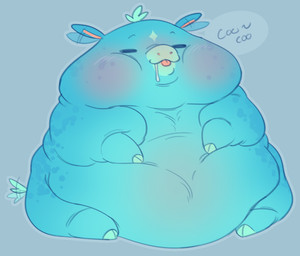 ambiguous_feral ambiguous_gender blue_background blue_body blue_hair blue_hooves blue_tail blush bodily_fluids cooing dialogue drooling ear_motion ear_wag eyes_closed feral front_view hair hooves inner_ear_fluff markings morbidly_obese obese overweight pink_inner_ear_fluff pink_tongue quadruped saliva simple_background sitting solo spots spotted_markings tail tail_motion tailwag text tongue tongue_out tuft young young_ambiguous young_feral ribbone_(fc) fluffy_pony fluffy_pony_(species) mammal digital_drawing_(artwork) digital_media_(artwork) english_description english_text flat_colors