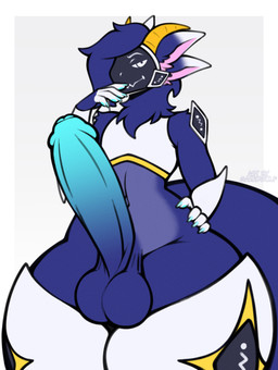 4_ears anthro balls big_butt big_penis big_tail blue_body blue_fur blue_hair butt ear_markings femboy foreskin front_view fur genitals gradient_background gradient_penis hair horn huge_penis humanoid_genitalia humanoid_penis hyper hyper_genitalia hyper_penis machine male multi_ear multicolored_body multicolored_fur nude penis protogen_armor protogen_face protogen_visor saggy_balls simple_background solo tail thick_thighs white_body white_eyes garedwolf festive_aspen aquatic fish hybrid protogen shark absurd_res hi_res
