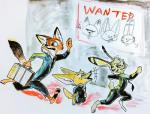 3_toes angry anthro barefoot bottomwear clothed clothing feet fully_clothed fur grey_body grey_fur group holding_object jacket long_ears looking_back male necktie open_mouth orange_body orange_fur pants running side_view size_difference suit suitcase text toes toony topwear wanted_poster compmq_(artist) disney zootopia finnick_(zootopia) nick_wilde canid canine fennec_fox fox lagomorph leporid mammal rabbit red_fox true_fox 2016