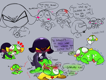 bodily_fluids butt caught_in_the_act cum cum_on_butt cum_on_face cumshot duo ejaculation from_behind_position genital_fluids male male/male sex spread_legs spreading upside_down yeetymcbeet sgt._frog garuru garuru_(sgt._frog) giroro keroro amphibian frog humanoid keronian 4:3 hi_res