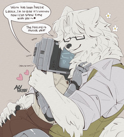 5_fingers anthro biped black_text clothed clothing dialogue duo eyebrows eyes_closed eyewear female fingers for_a_head fur glasses hair hand_on_butt hand_on_chest heart_symbol hug hugging_another husband_and_wife machine male male/female married_couple motion_lines on_lap ring screen screen_face sitting sound_effects speech_bubble tail talking_to_another text white_body white_fur auveiss canid canine humanoid mammal object_head robot screen_head 2026 english_text hi_res