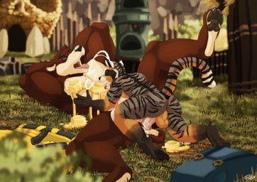 anal anal_penetration anthro anthro_on_anthro anthro_penetrated anthro_penetrating anthro_penetrating_anthro backpack balls belt biceps black_body black_nose black_pawpads black_skin black_stripes black_tail bodily_fluids bottomwear brown_body brown_eyes brown_skin brown_tail butt claws clothing cum cum_in_ass cum_inside cum_on_penis cum_while_penetrated detailed_background dripping duo erection food genital_fluids genitals grass grey_body grey_skin grey_tail hands_behind_head honey_(food) humanoid_genitalia humanoid_penis jewelry larger_male larger_penetrated larger_sub leaning leaning_forward licking long_tail lying male male/male male_on_bottom male_on_top male_penetrated male_penetrating male_penetrating_male messy multicolored_body multicolored_skin multicolored_tail muscular muscular_male nature necklace nude on_back on_bottom on_top one_eye_closed open_mouth orange_balls outside pants pawpads pecs penetration penile penile_penetration penis pink_penis plant raised_leg saliva sex size_difference smaller_male spread_legs spreading stripes submissive tail tan_body tan_skin teeth toe_claws tongue tongue_out tree two_tone_body two_tone_skin white_body white_skin white_tail furryratchet banjo-kazooie rareware banjo_(banjo-kazooie) tuscan bear brown_bear felid feline felis mammal pantherine tiger ursine 2017 hi_res signature