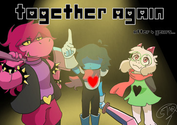 axe black_heart blue_body eyeless eyewear fur gesture glasses hair hand_gesture happy heart_symbol horn looking_up melee_weapon pink_scarf pointing pointing_up purple_body purple_eyes purple_hair purple_horn red_heart scarf sword text weapon white_body white_fur yellow_heart star_umbreon deltarune undertale_(series) kris_dreemurr ralsei susie_(deltarune) bovid caprine goat human mammal monster hi_res