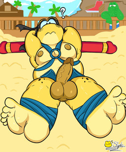 5_toes anthro balls beach big_balls black_blush blush duo erection eye_mask feet genitals glans hands_behind_head humanoid_genitalia humanoid_penis looking_at_viewer male mostly_nude nipples outside penis question_mark shell-less slightly_chubby slightly_chubby_anthro slightly_chubby_male soles solo_focus toes vein veiny_penis yellow_body slyden'in background_character ket_ralus_(character) slyde_(slyden'ln) amphibian frog digital_media_(artwork) hi_res