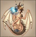 2005 anthro blue_eyes blue_fire breasts colored_fire dragon featureless_breasts featureless_crotch female fire horn looking_at_viewer membrane_(anatomy) membranous_wings mythological_creature mythological_scalie mythology non-mammal_breasts nude scalie seductive solo tail wings yamer