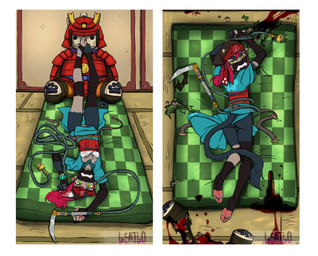 anthro blood bodily_fluids bound butt clothed clothing dakimakura damaged_furniture feet female footwear futon kusarigama lying on_back on_front pawpads plushie solo toeless_footwear toeless_legwear beatbo beatboafterdark minji_(beatbo) felid feline hybrid mammal absurd_res hi_res